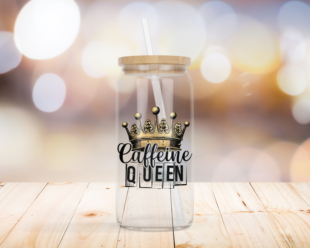 Frosted or Clear Caffeine Queen 16oz. Glass Beer Can w/ bamboo lid and straw