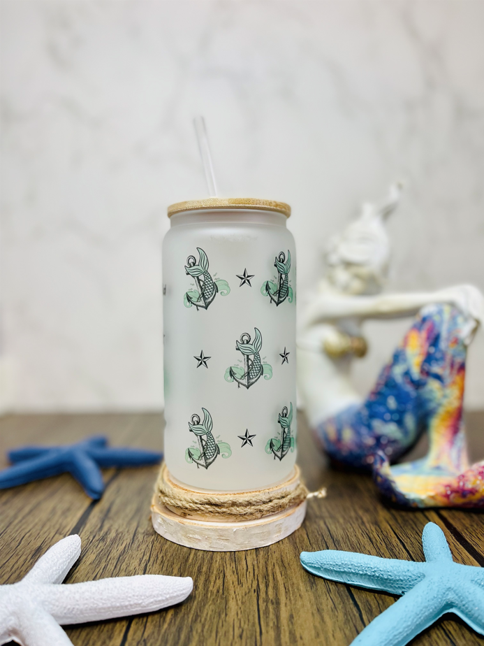 Soul of a Mermaid Mouth of a Sailor 16oz. Glass Beer Can w/ Bamboo lid and straw