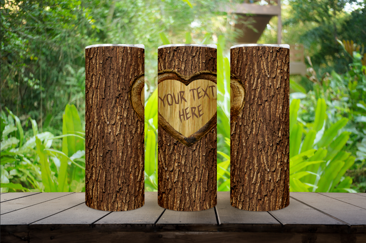 Custom Text Carved Heart Tree 20oz. Tumbler Available in Multiple Bark Color Options