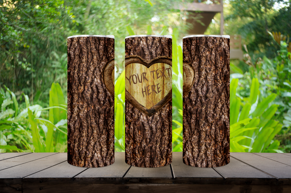 Custom Text Carved Heart Tree 20oz. Tumbler Available in Multiple Bark Color Options