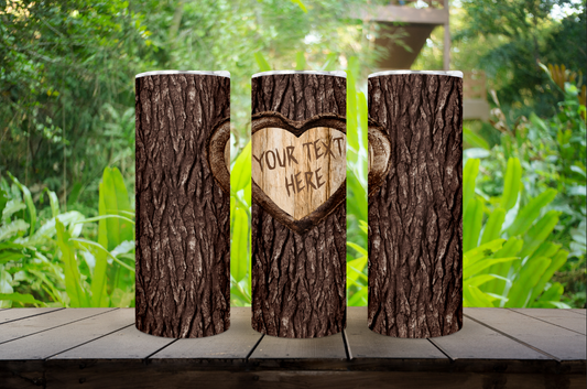 Custom Text Carved Heart Tree 20oz. Tumbler Available in Multiple Bark Color Options