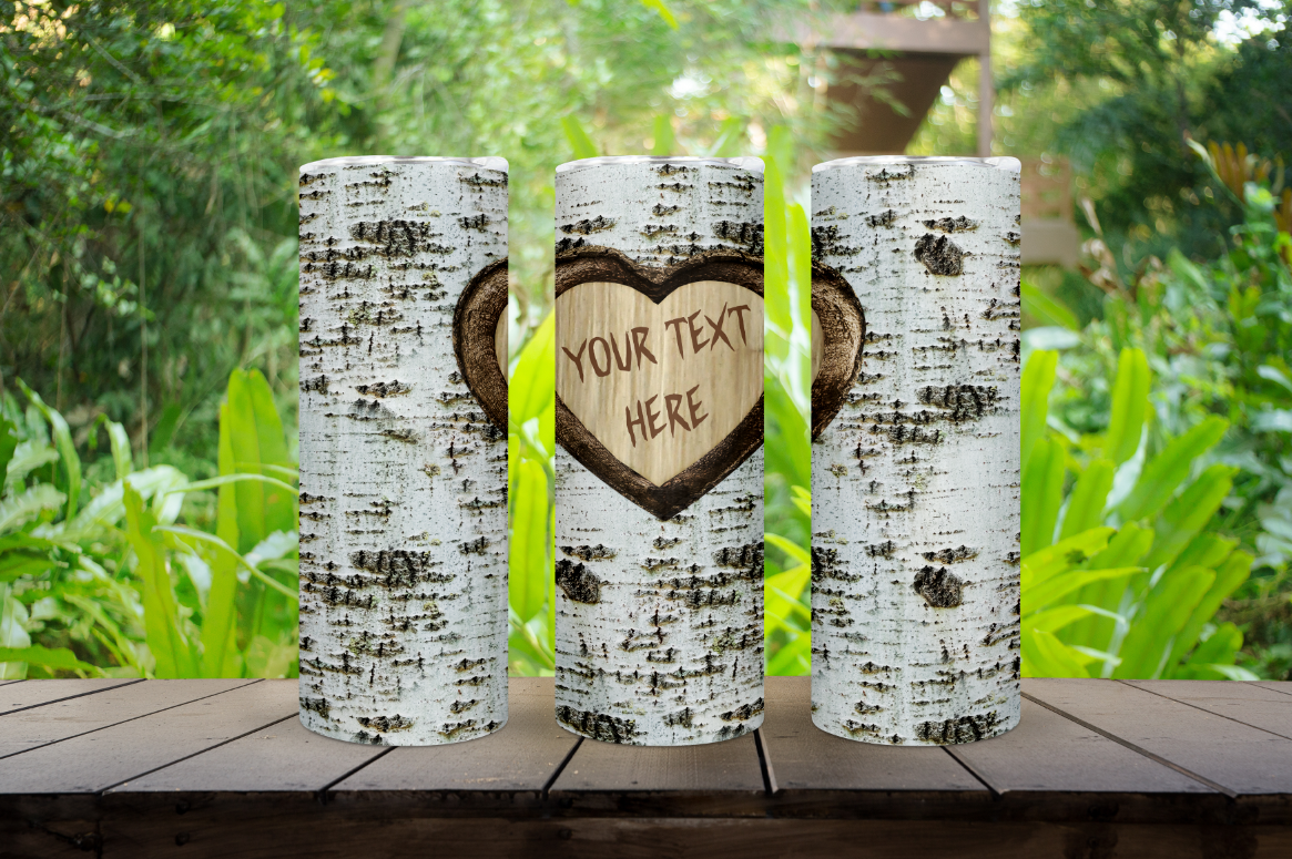 Custom Text Carved Heart Tree 20oz. Tumbler Available in Multiple Bark Color Options