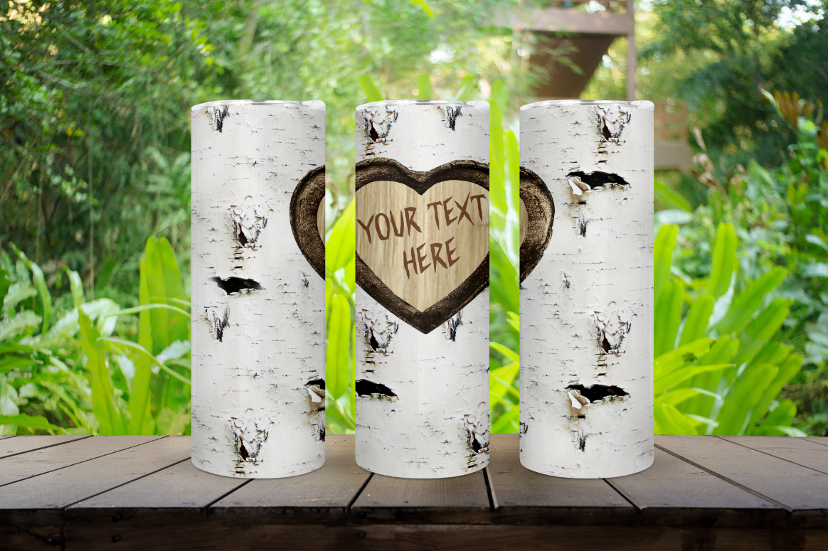 Custom Text Carved Heart Tree 20oz. Tumbler Available in Multiple Bark Color Options