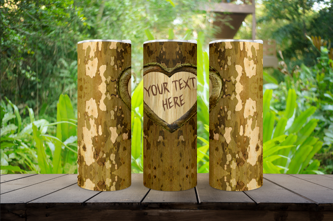 Custom Text Carved Heart Tree 20oz. Tumbler Available in Multiple Bark Color Options