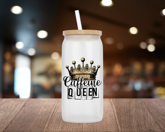 Frosted or Clear Caffeine Queen 16oz. Glass Beer Can w/ bamboo lid and straw