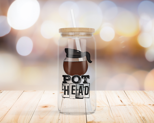 Pot Head 16oz. Glass Beer Can with Bamboo lid and plastic straw