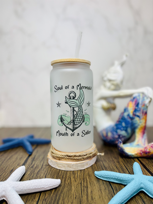 Soul of a Mermaid Mouth of a Sailor 16oz. Glass Beer Can w/ Bamboo lid and straw